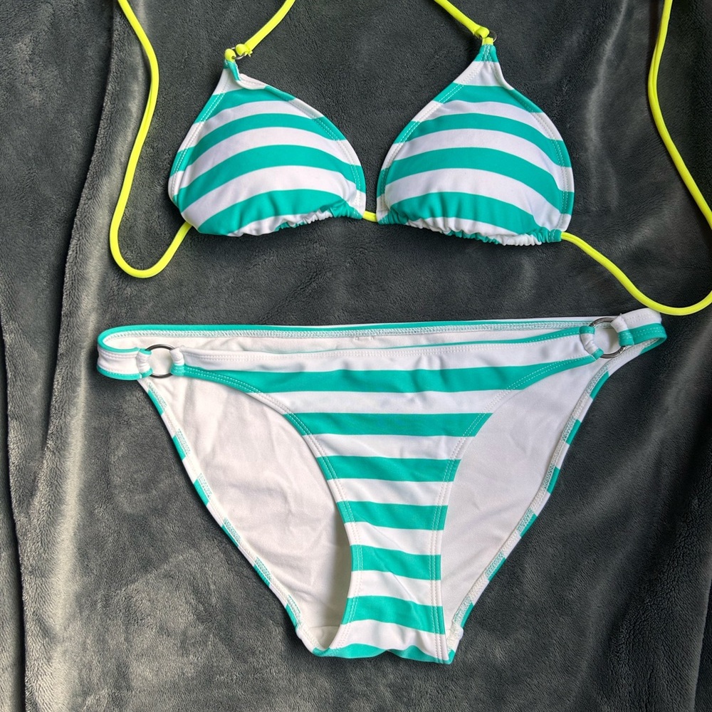 Garage Striped Teal and White Bikini Set